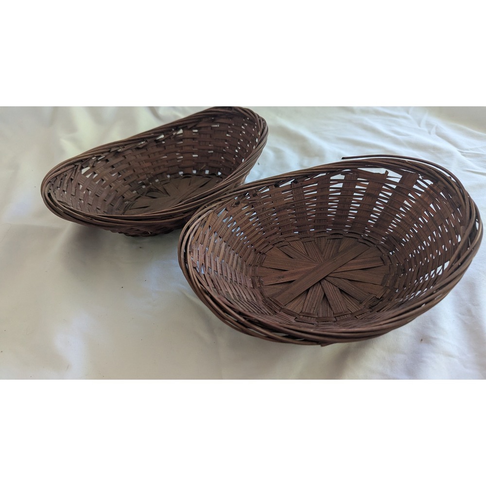 Set of 2 Vintage Dark Brown Woven Bamboo Oval Storage Baskets 8 Inch